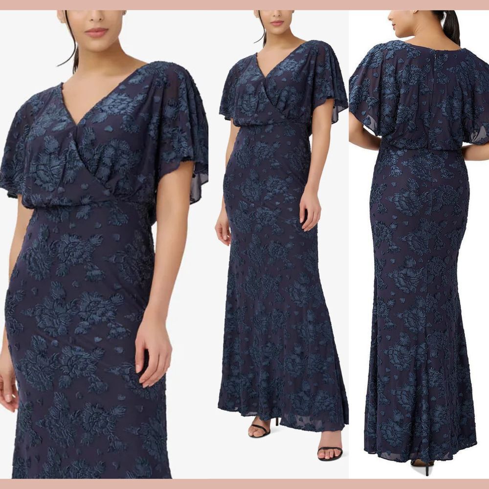 NWT Adrianna Papell [ 2 ]‎  Embroidered Burnout Evening Dress Gown Blue #Q1048